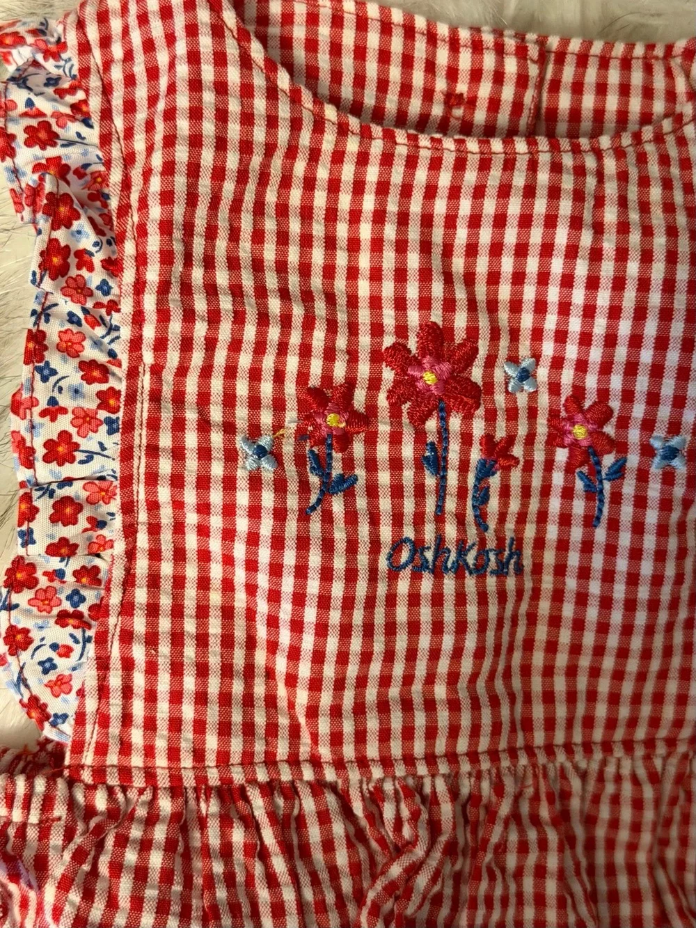NWT Osh Kosh Red Gingham Floral Trim Baby Dress Set
